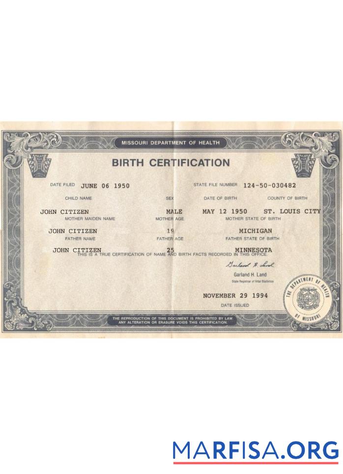 Printable USA Missouri birth certification sample